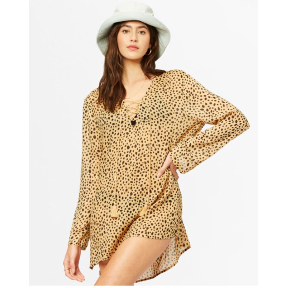 Billabong Semi-Sheer Cheetah Print Blue Skies Beach Lace Up Swim Coverup M - Picture 3 of 15
